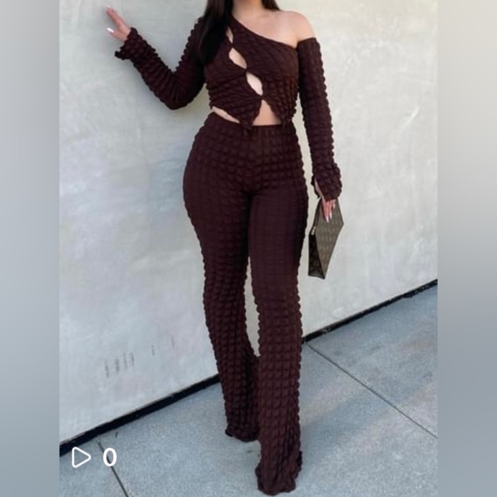 NEW Fashionnova Brown Bubble Asymmetrical Top + Pants Set